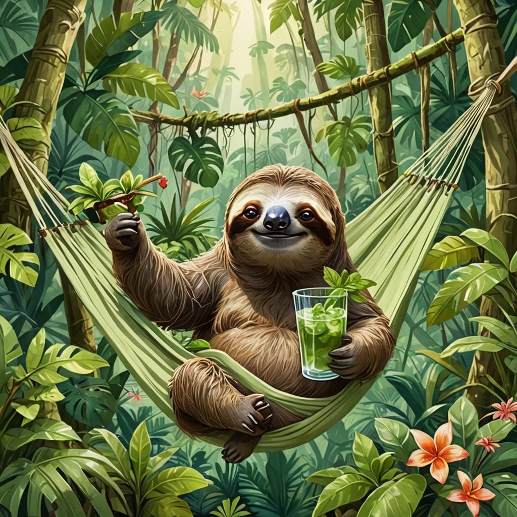 a sloth lying on a hammock  by @julien salmon