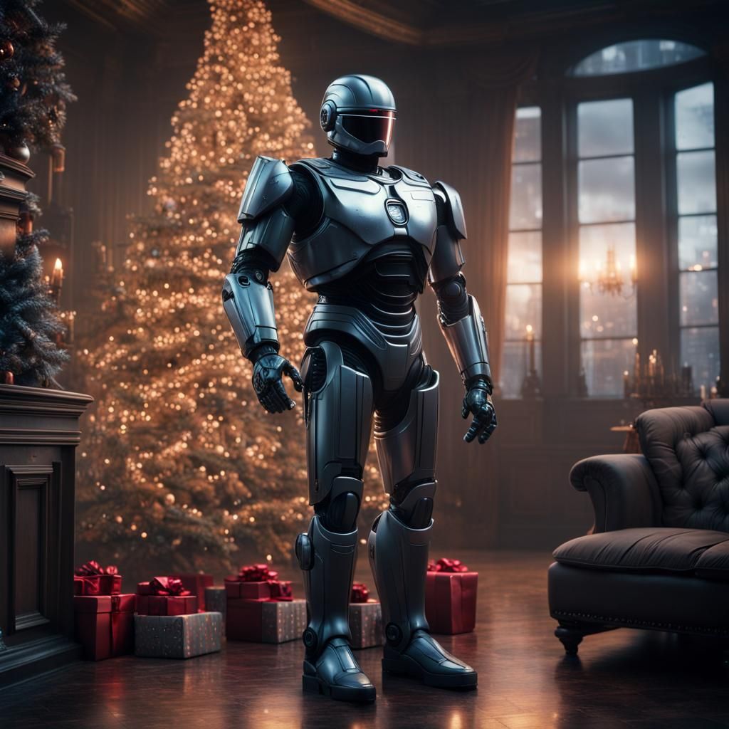 Robocop stand near Christmas tree