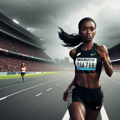 Hot black runner girl at race, running fast