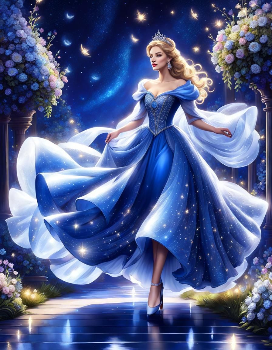 Cute beautiful woman Cinderella wearing a (dazzling magical deep blue ...