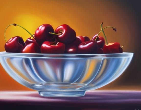 Bowl with cherries, vibrant colors, dynamic lighting, warm colors, airbrush  by @Carlotta Cavalli