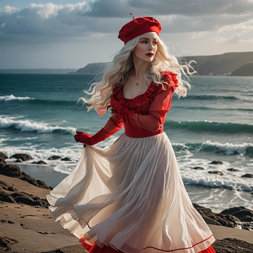 A image shows a woman with long white hair, wearing a bright...