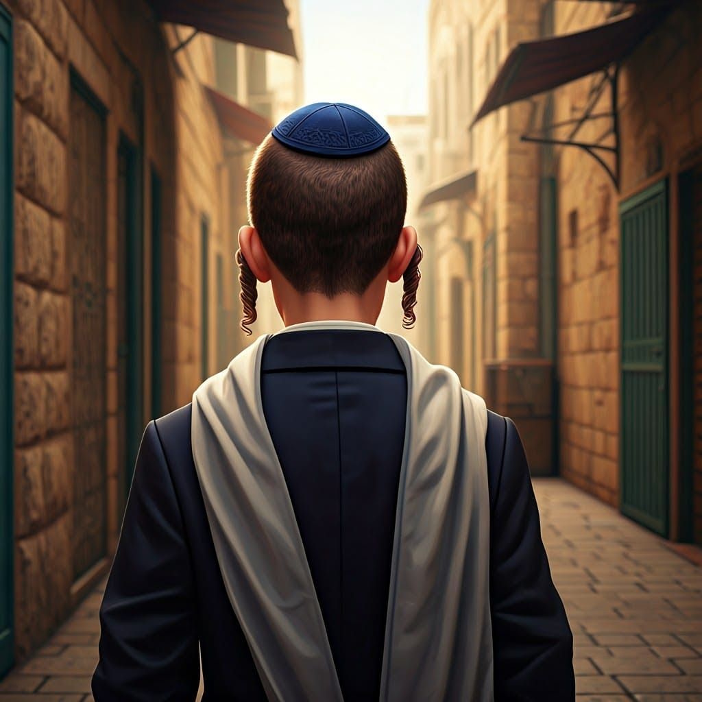 Hasidic Boy in Jerusalem Alleyway: Anime-Inspired Portrait
