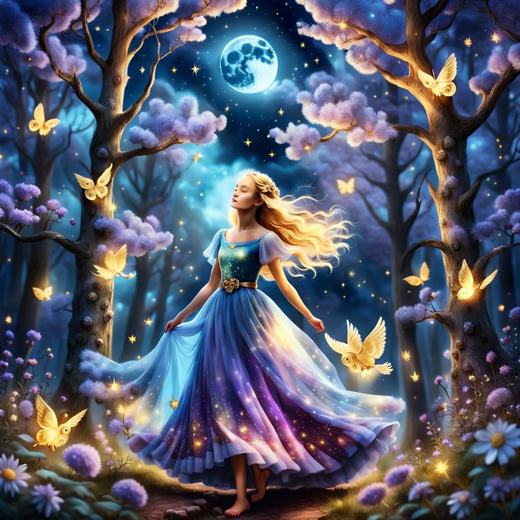 Night in the forrest, with big golden full moon, purple and ...