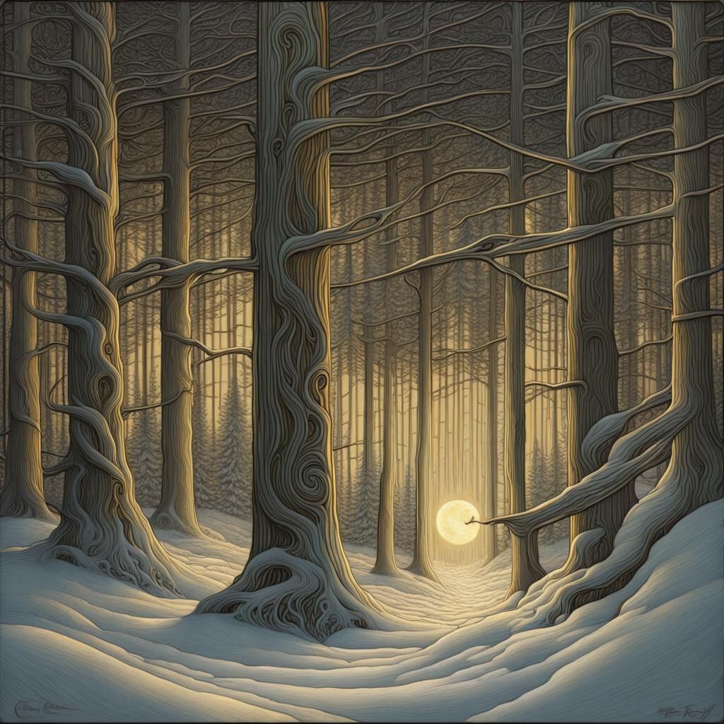 a light in the dark snowy pine forest, by Louis Comfort Tiff...