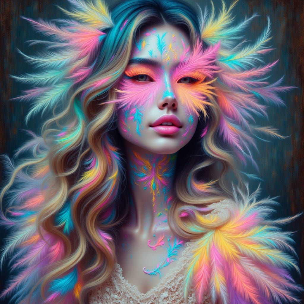 <lora:kak-Featherlychic:1.0>illustrated, painted woman, Neon face, feathers, pastels, Victorian
