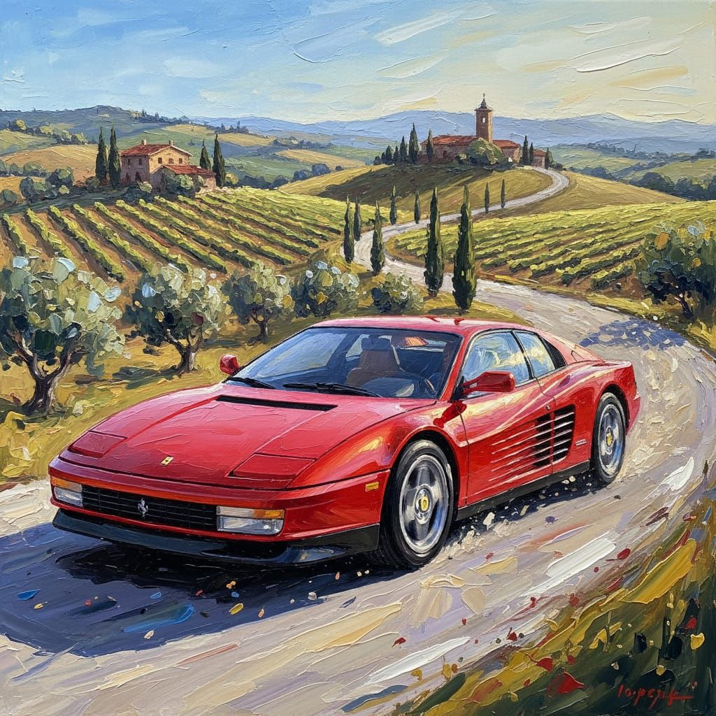 An impasto gouache painting of a red Ferrari Testarossa (198...