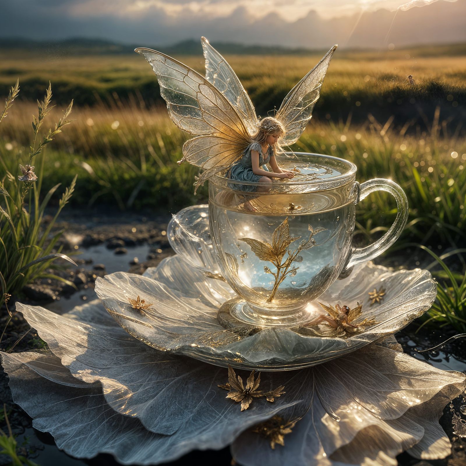 . A tea glass cup containing a stone with a cute  water fairy in a flowing dress sitting on it, glowing ...  by @IMROSE
