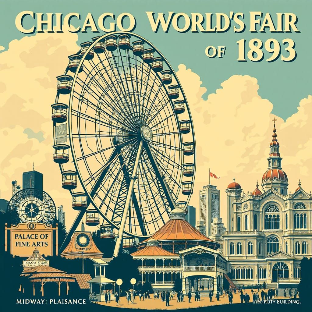 promotional poster in the style of the 1890s, "Chicago World's Fair of 1893", giant Ferris Wheel predominates, ...  by @undefined