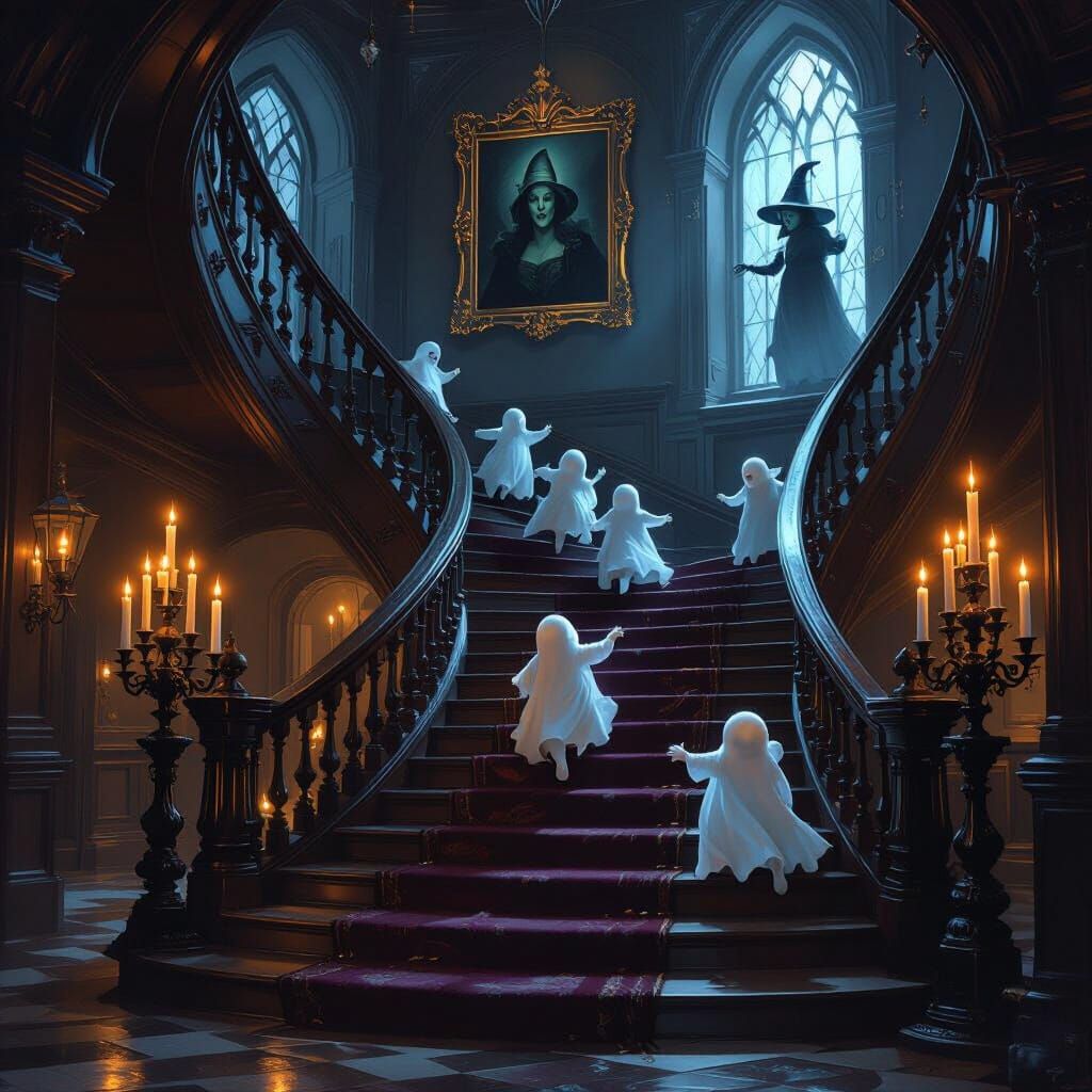 A grand foyer with a majestic sweeping mahogany  staircase. The lighting is dim in the foyer but there are huge magnificent candles in wizar...