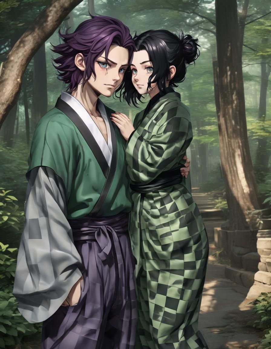 a highly realistic image of a moment between Tanjiro Kamado and Mitsuri  Kanroji (female) from Kimetsu no Yaiba, illustrated by Koyoharu Goto... -  AI Generated Artwork - NightCafe Creator