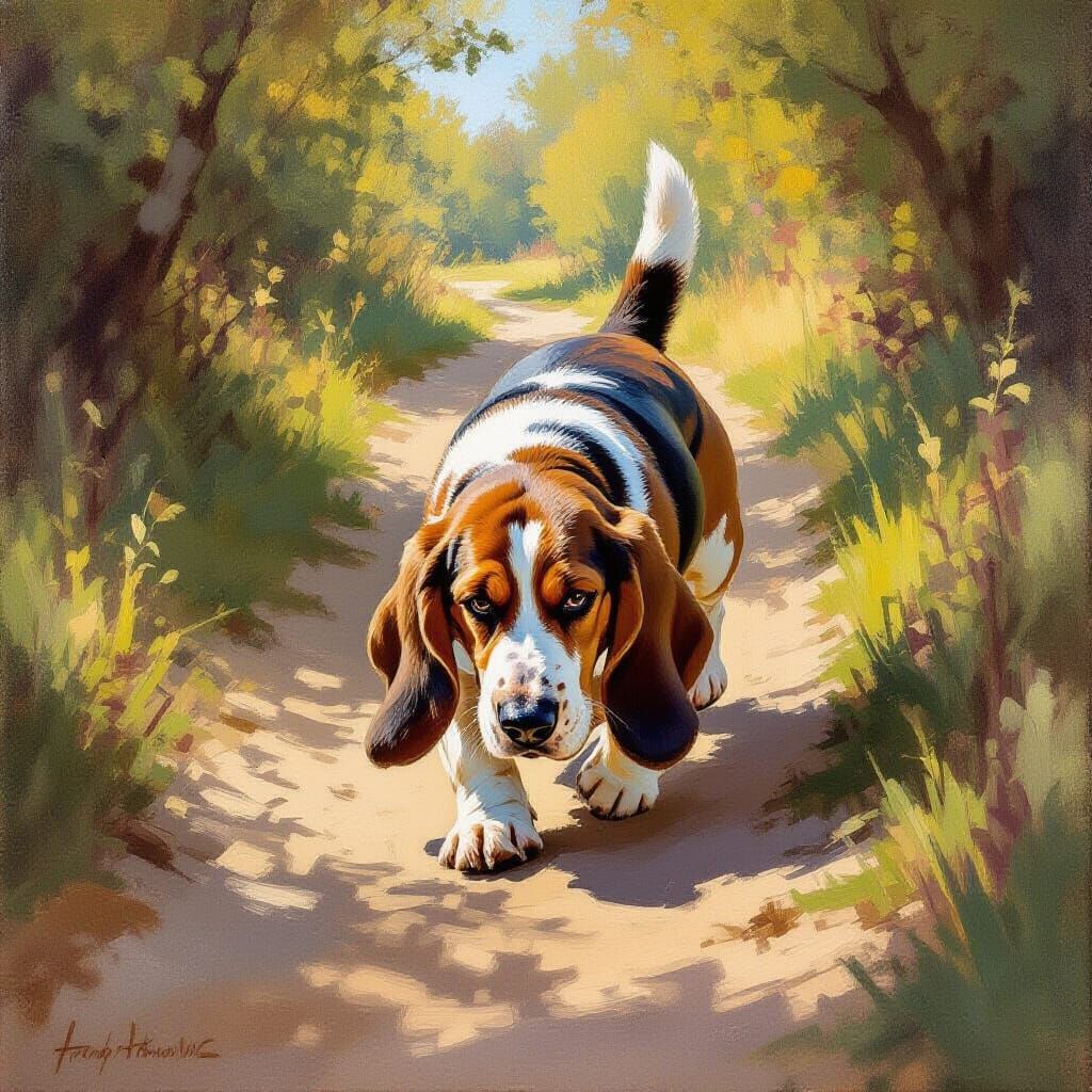 This concept captures a Basset Hound mid-stride, nose to the ground on a winding dirt path. The composition ...  by @CyberneticBionic