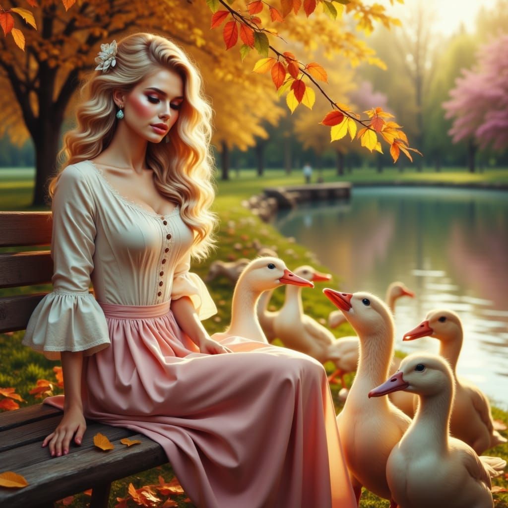 Autumn Park Scene: Woman Feeding Ducks in Dappled Sunlight