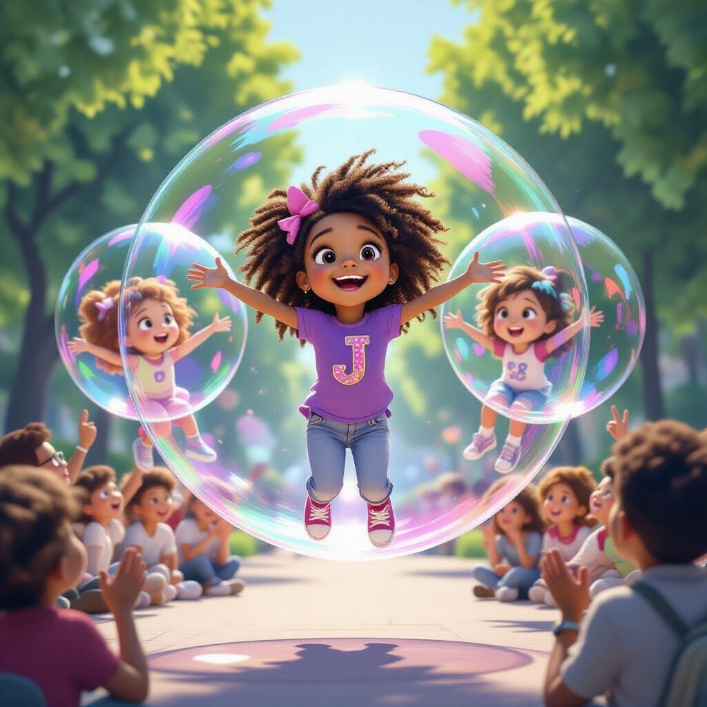 Magical Bubble Girl Floating in Park: 3D Digital Art