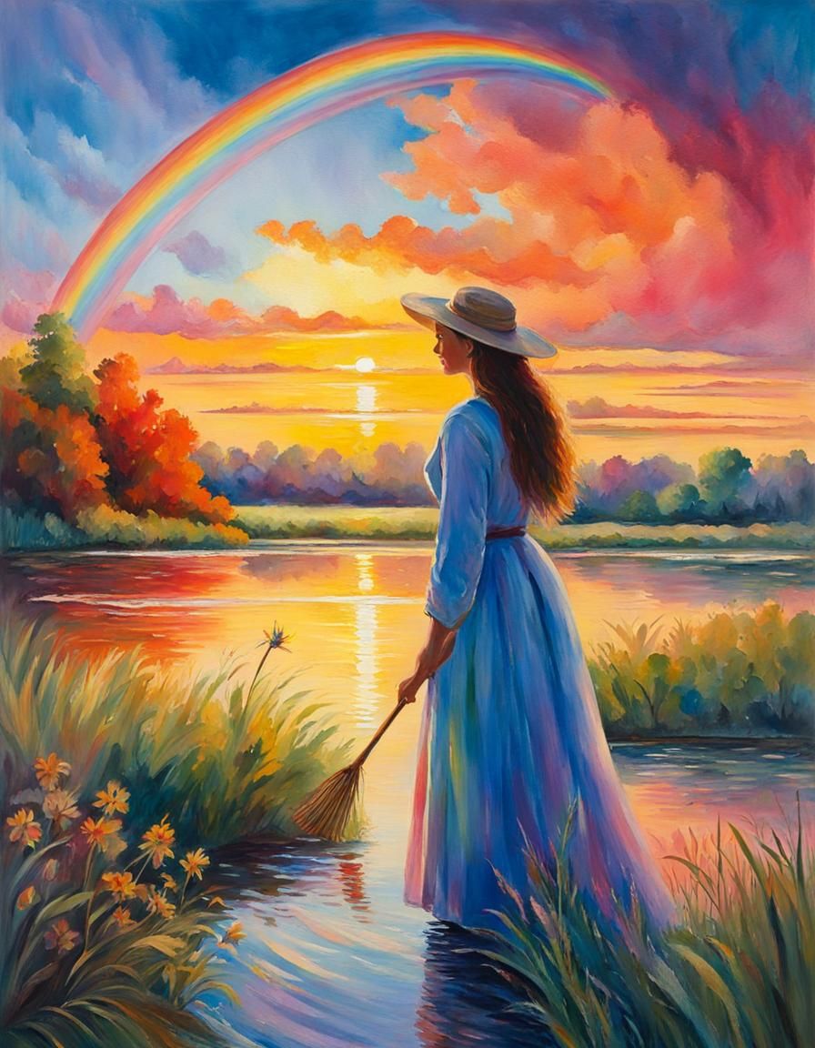 A beautiful woman at the riverbank at sunrise receives the e...