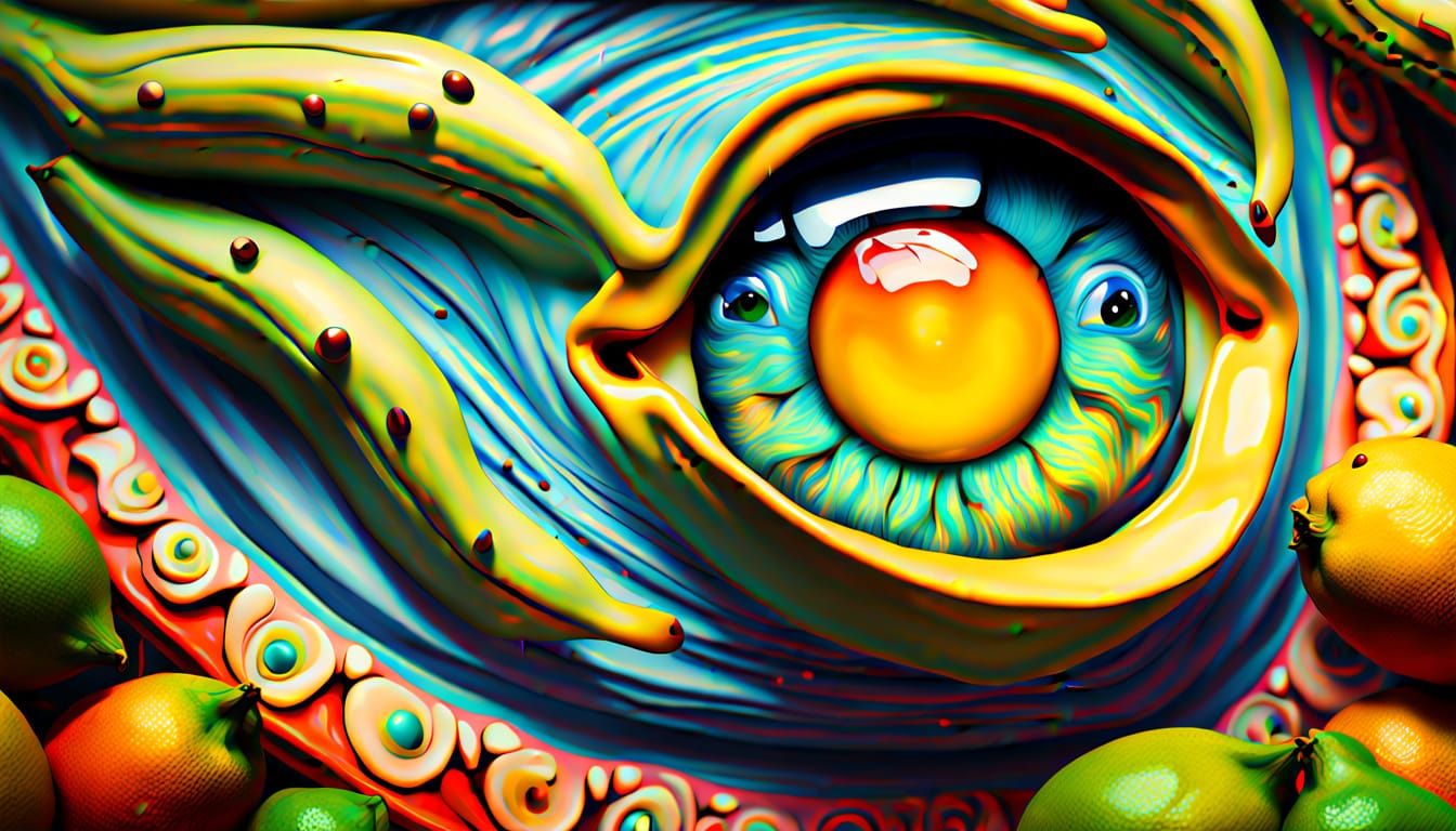 surrealism , lemons and bananas , demon eyes and kawaii with hyperrealism , impasto ,   by @symon