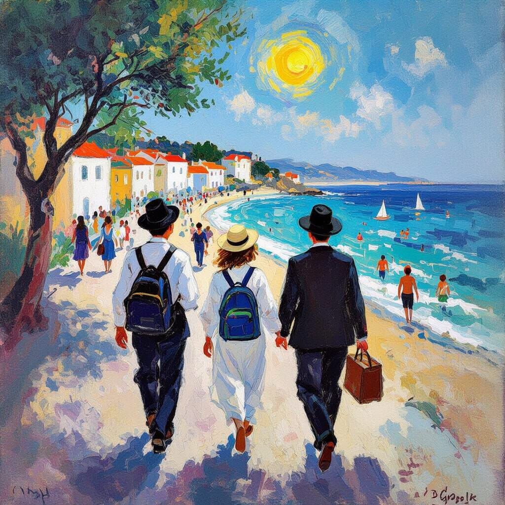 Joyful Yeshiva Students Beach-Bound: An Expressionist Scene