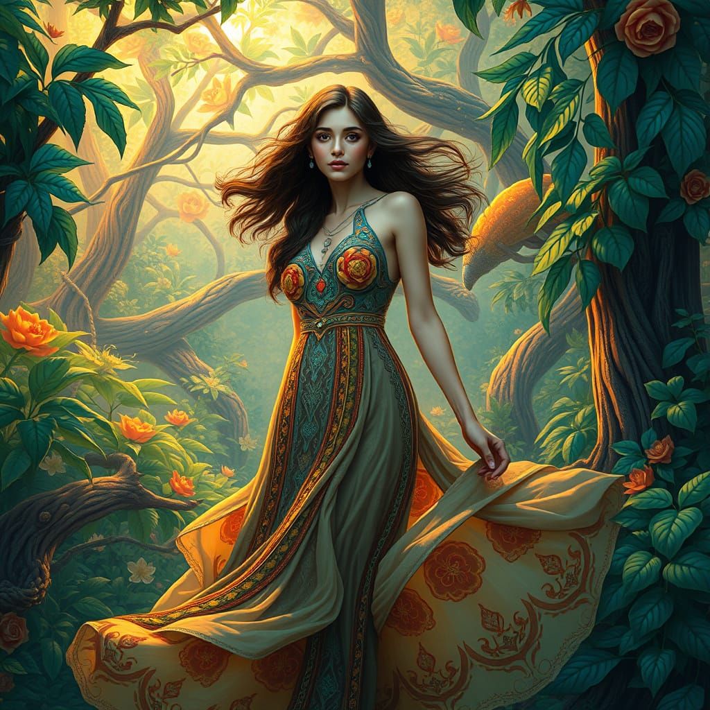 Woman in Flowing Dress, Art Nouveau Style