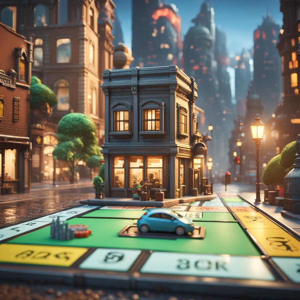 a game piece walks the streets of monopoly,hyper detailed world, hyper detailed monopoly street, hyper ...  by @Romanique83