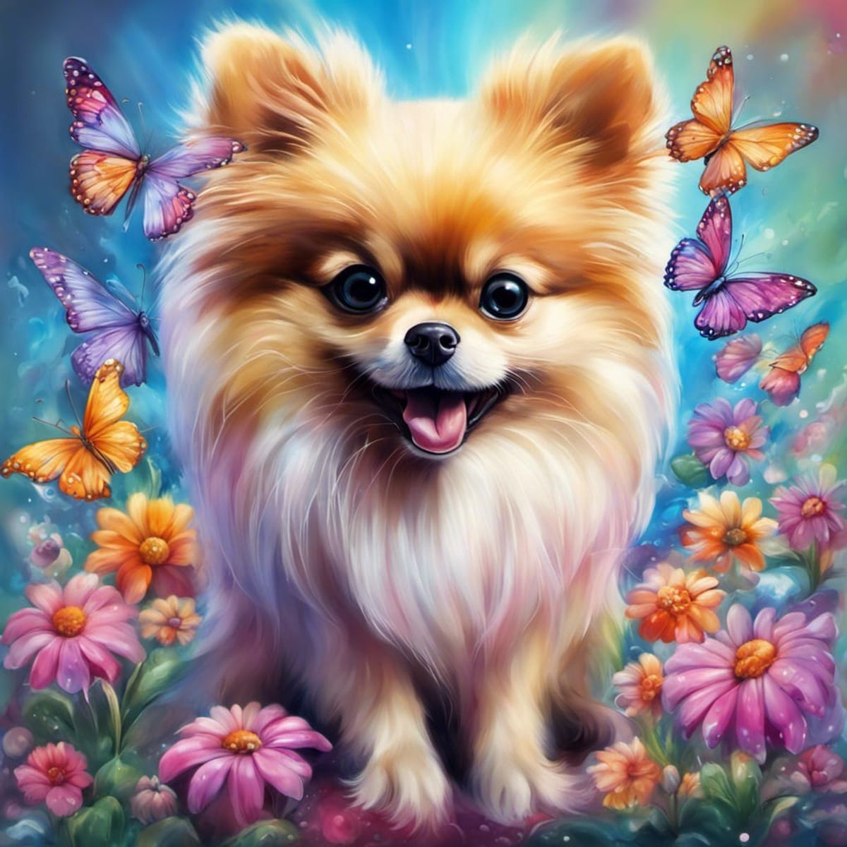 Chibi pomeranian dog with flowers and butterflies - AI Generated ...