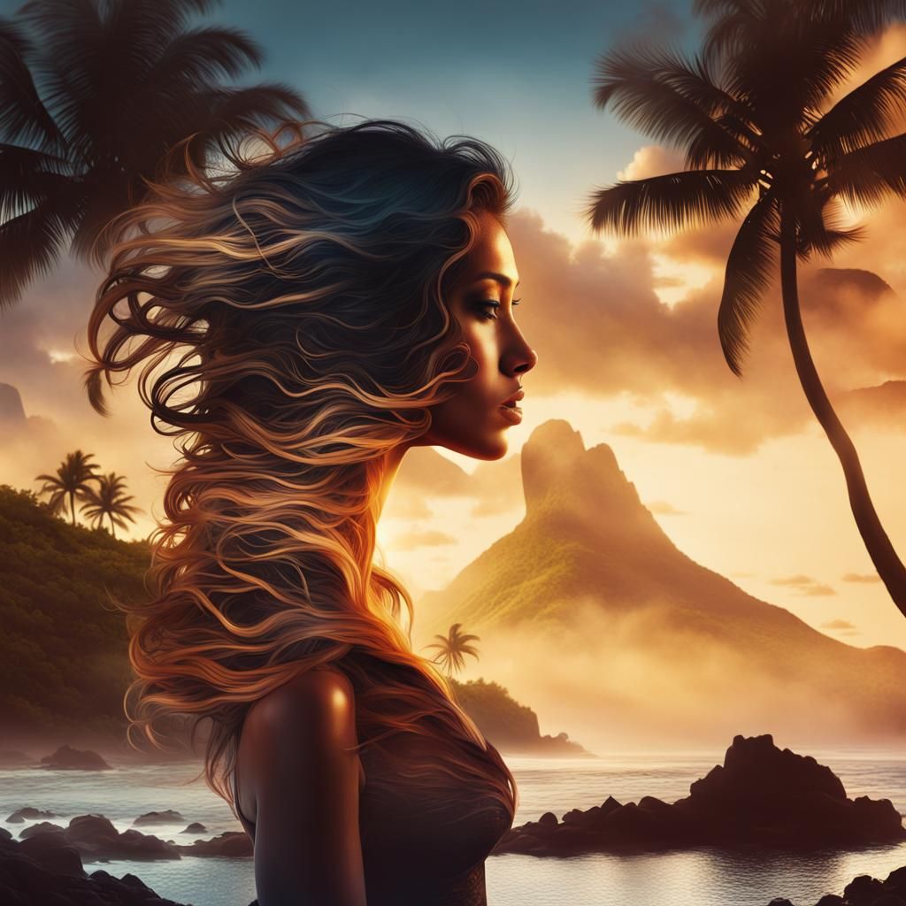 Double exposure. Silhouette of a profile of a beautiful youn...
