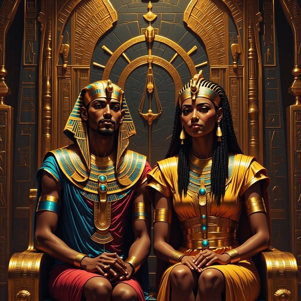 <lora:Egypt Synth Flux:1.0> A pharaoh and the Queen on their thrones