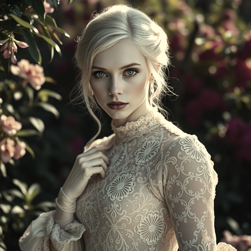 Photo portrait of a gorgeous woman with white hair wearing a Victorian lace dress  by @Fokje