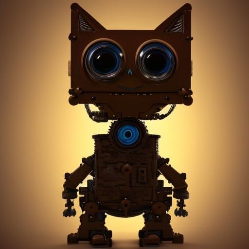 steampunk prototype robot cat made from gears, on a null bac...