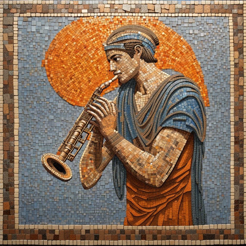 Mosaic tile of ancient Greek soprano saxophone player. 