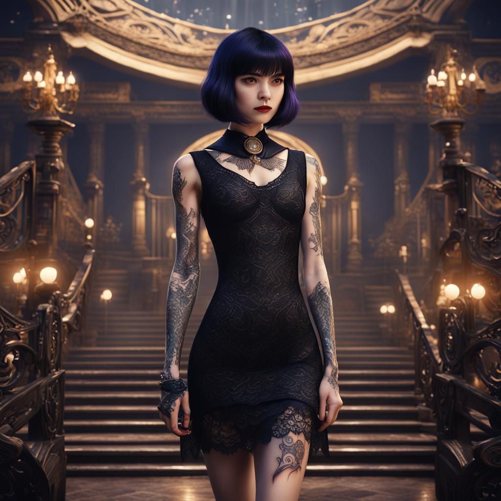 Sailor Saturn in skin-tight black lace dress, tattoos