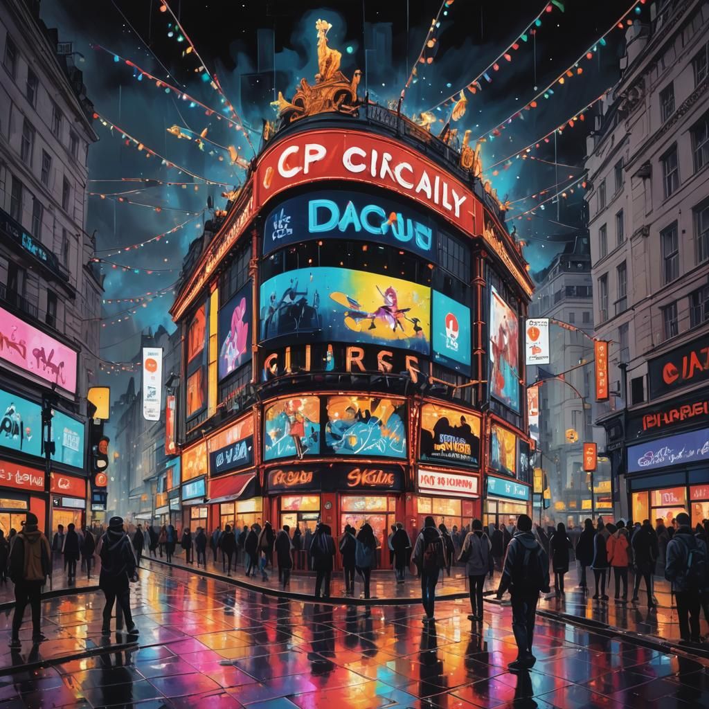 Picadilly circus lit up with neon fairy lights.