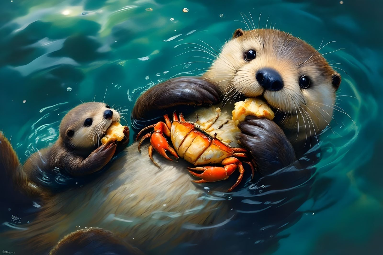 Mother and baby sea otters having a crab feast  by @Gary Murakami