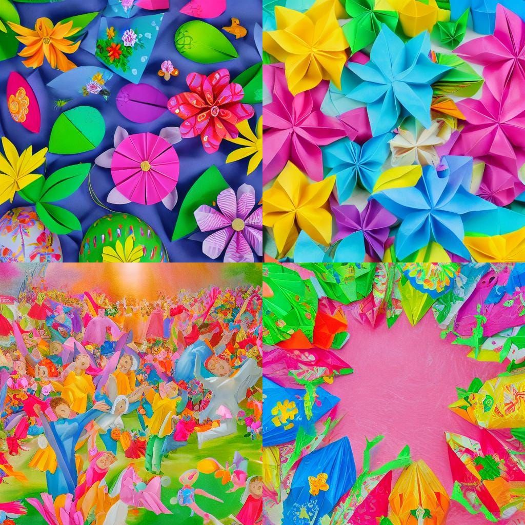 The painting depicts a joyous Easter scene with colorful gat...