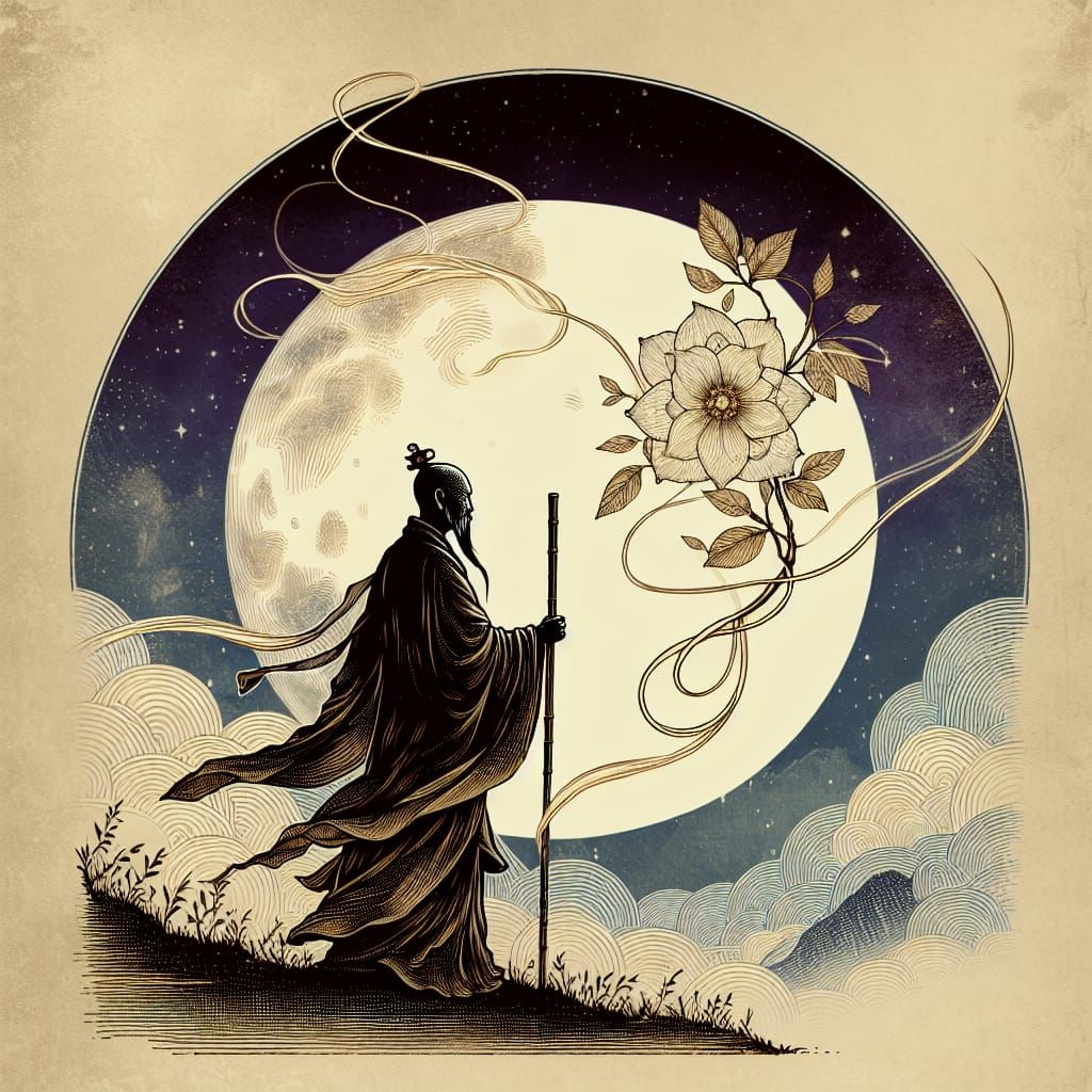 Mystic Shaolin Monk Silhouette with Psychedelic Art