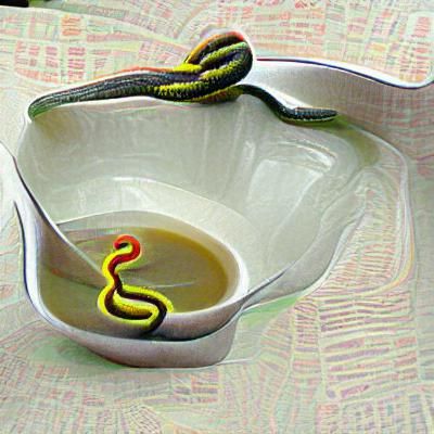 shoelace snake in a bowl of soup