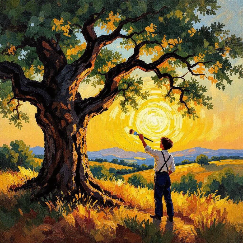 Majestic Oak Tree Painted with Impasto Technique