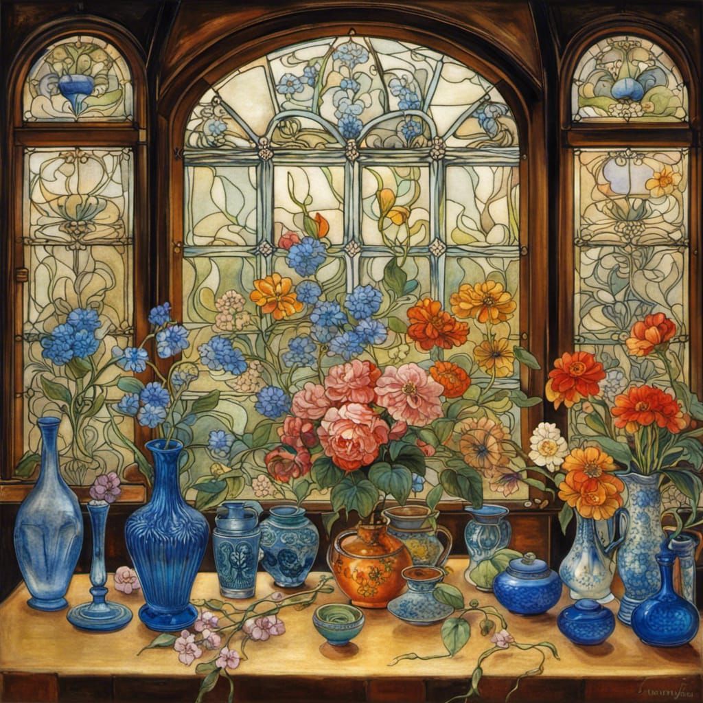 1890, leadlight glass window with flowers and wooden frames beautiful