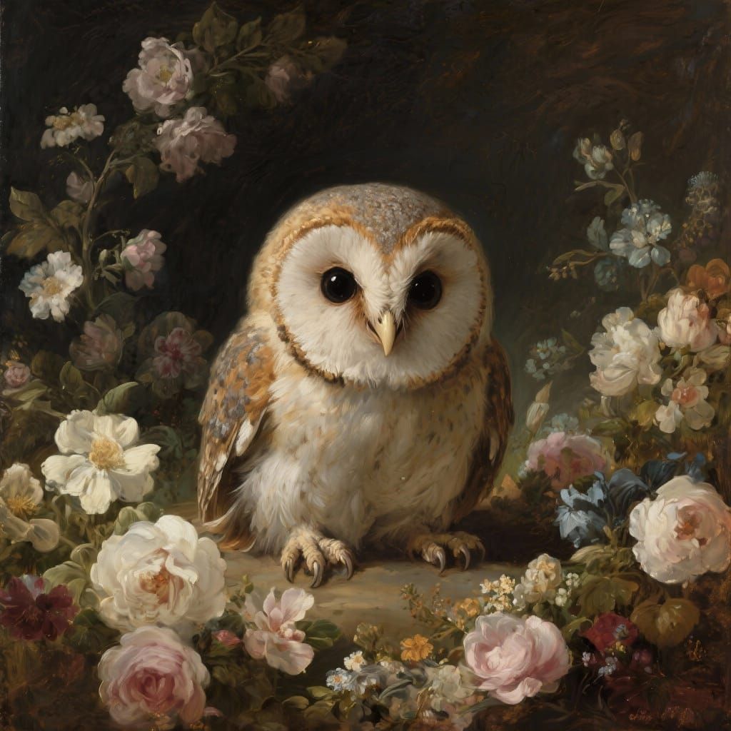 Cute baby owl, surrounded by flowers in the style of Rembrandt, Ben Wootten, Ralph Horsley, Noah Bradley. ...  by @Mr Mrs Meadows