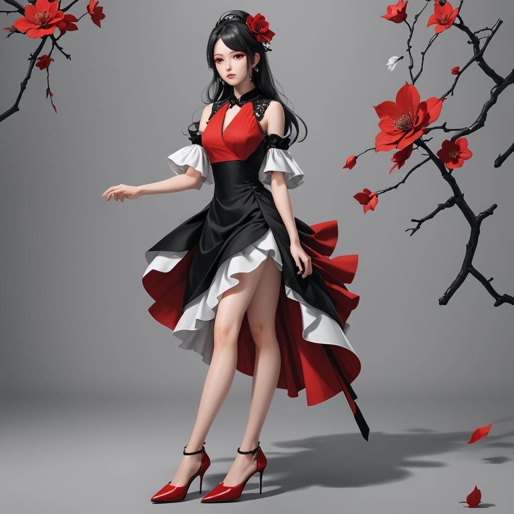 Create beautiful and stunning woman dressed in red and black...