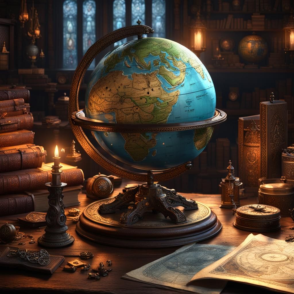 Magical globe with dark shading of a medieval fantasy world ...