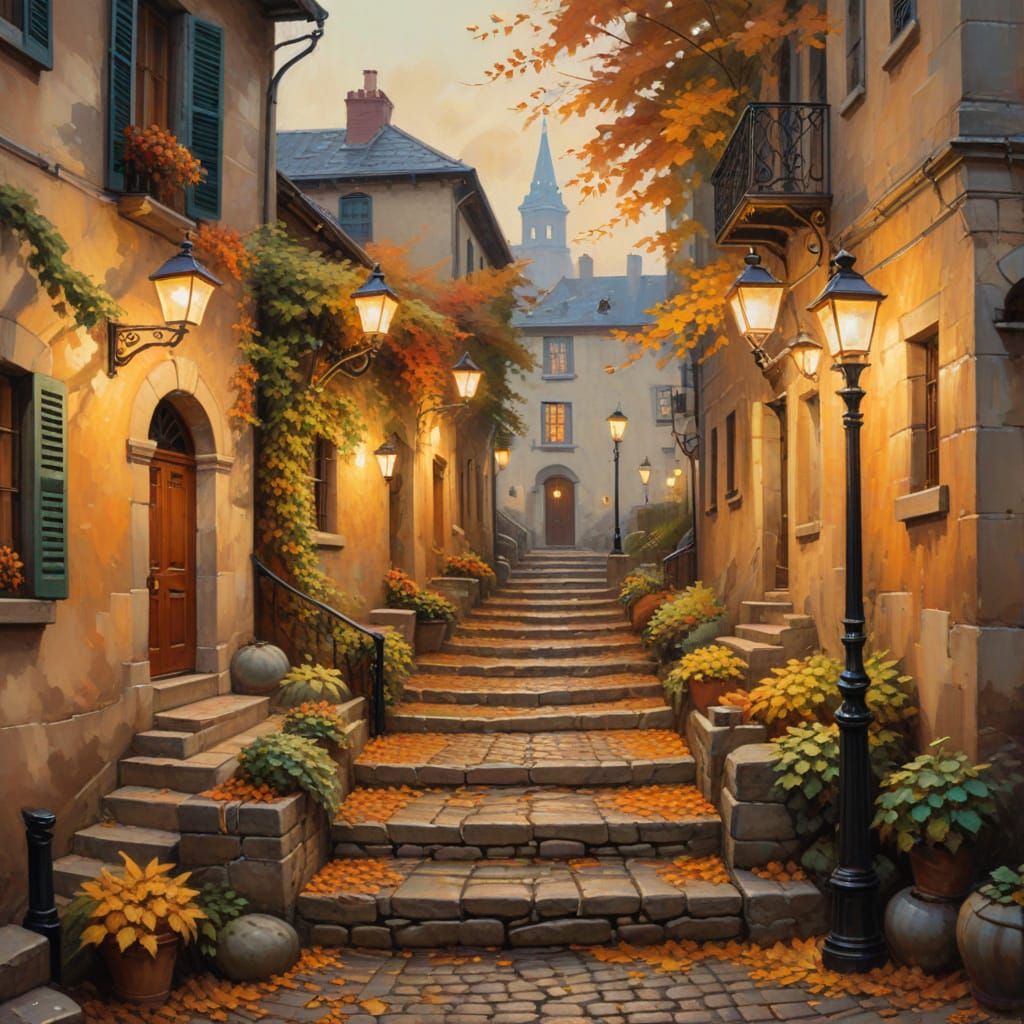 Steps Through Time A beautiful image capturing a charming autumn scene, featuring a staircase of cobblestones ascending toward ivy-clad buil...