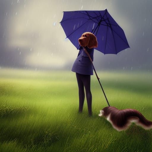 dog holding umbrella for his owner, in a green field, with cloudy skies