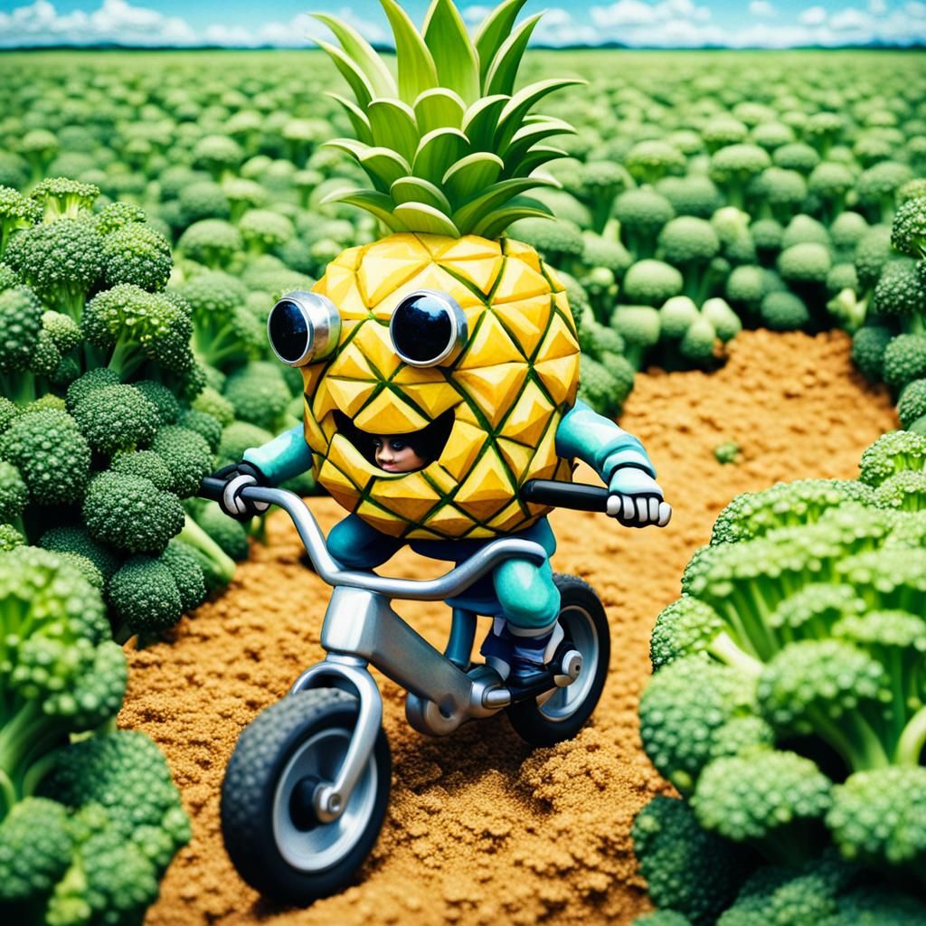 whimsical chibi pineapple with eyes on a one wheel bike with a helmet ...