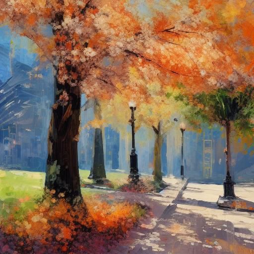 <lora:ImpressCitySD15:1.3> Busy City street, trees flowers people street, sunny day sun clouds 