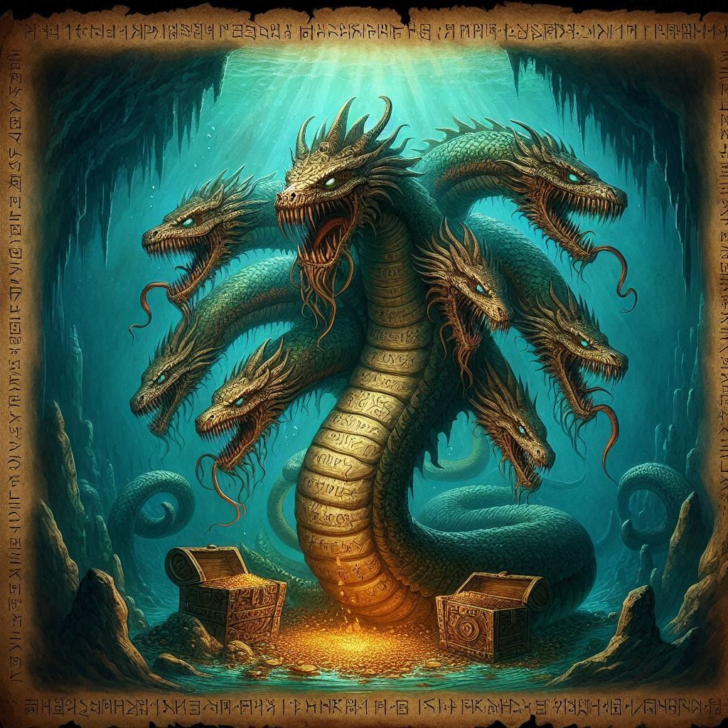 A multi-headed serpent guarding a hidden treasure under the deep sea 1