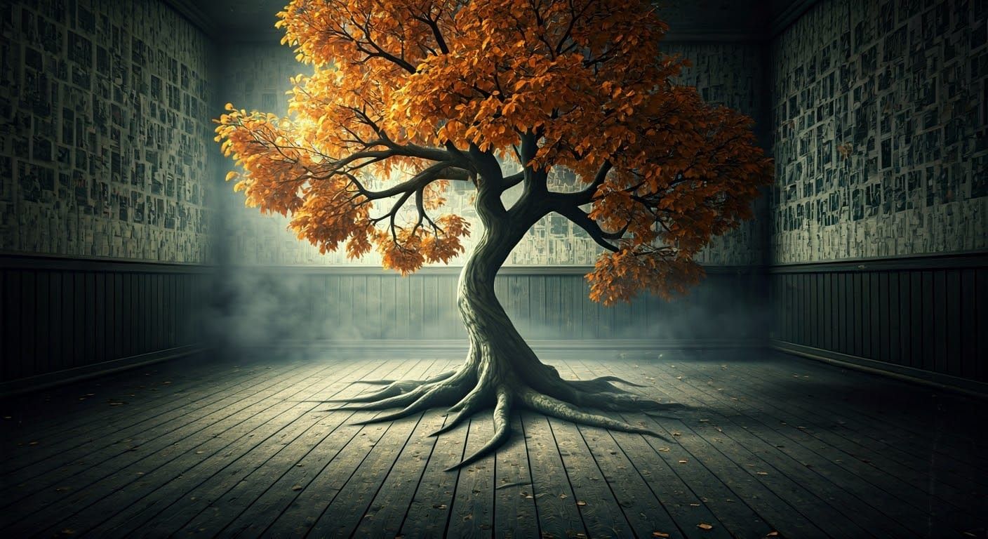 Create an antique portrait inspired by the 'wet plate collodion' photography style, capturing an autumn tree bursting through the wooden flo...