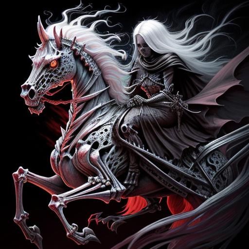 Skeleton wraith riding on the back of a white ghost horse with red ...