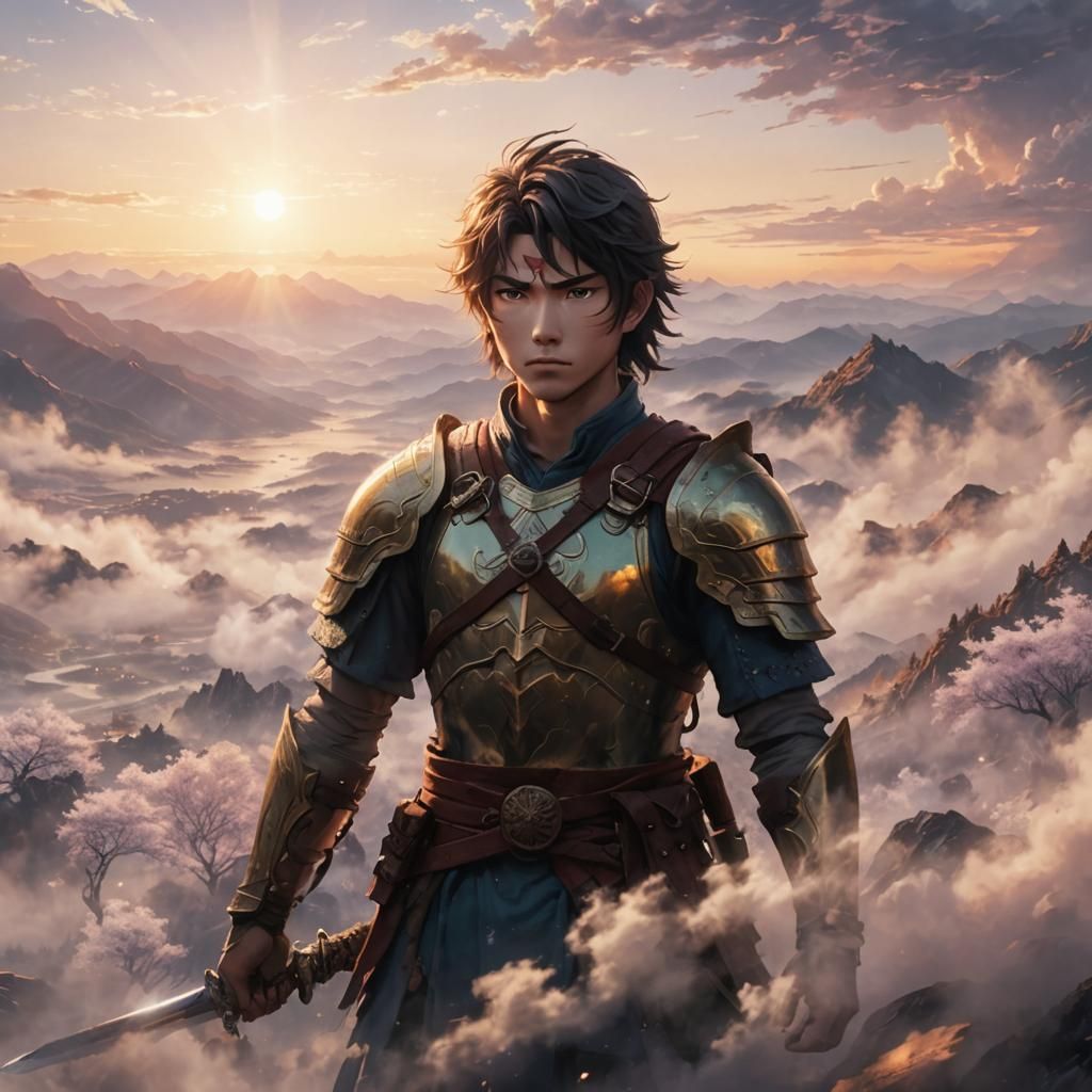 Unkillable Warrior in Misty Anime Landscape