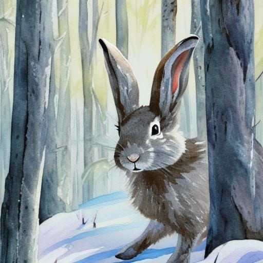 grey rabbit in winter forest