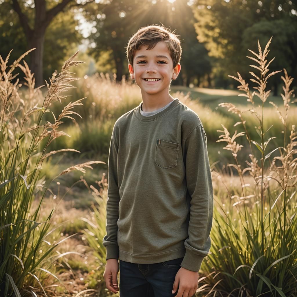 Smiling Boy Portrait in Pastoral Landscape